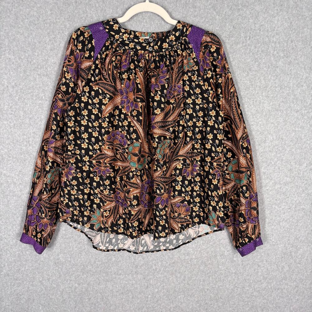 Warm Blouse Medium Black Purple Floral‎ Flowy Cotton Maximalist Boho Feminine